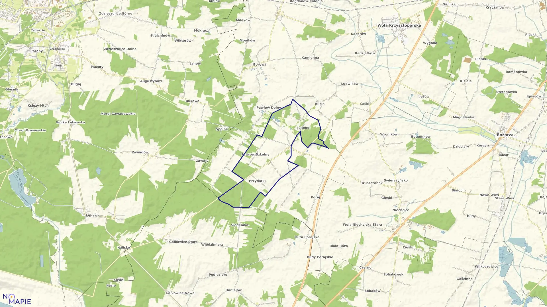 Mapa obrębu Parzniewice Duże w gminie Wola Krzysztoporska