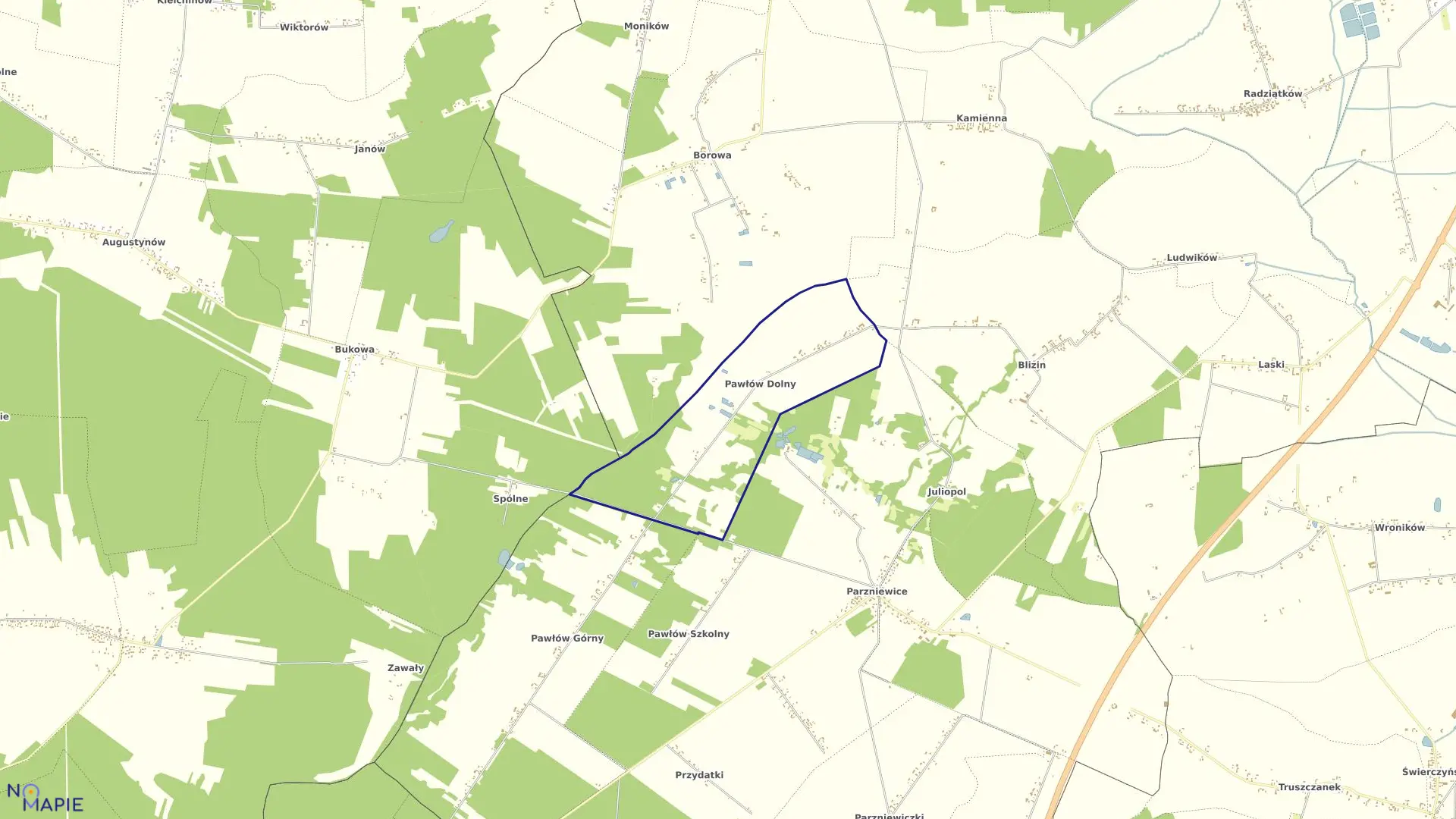 Mapa obrębu Pawłów Dolny w gminie Wola Krzysztoporska