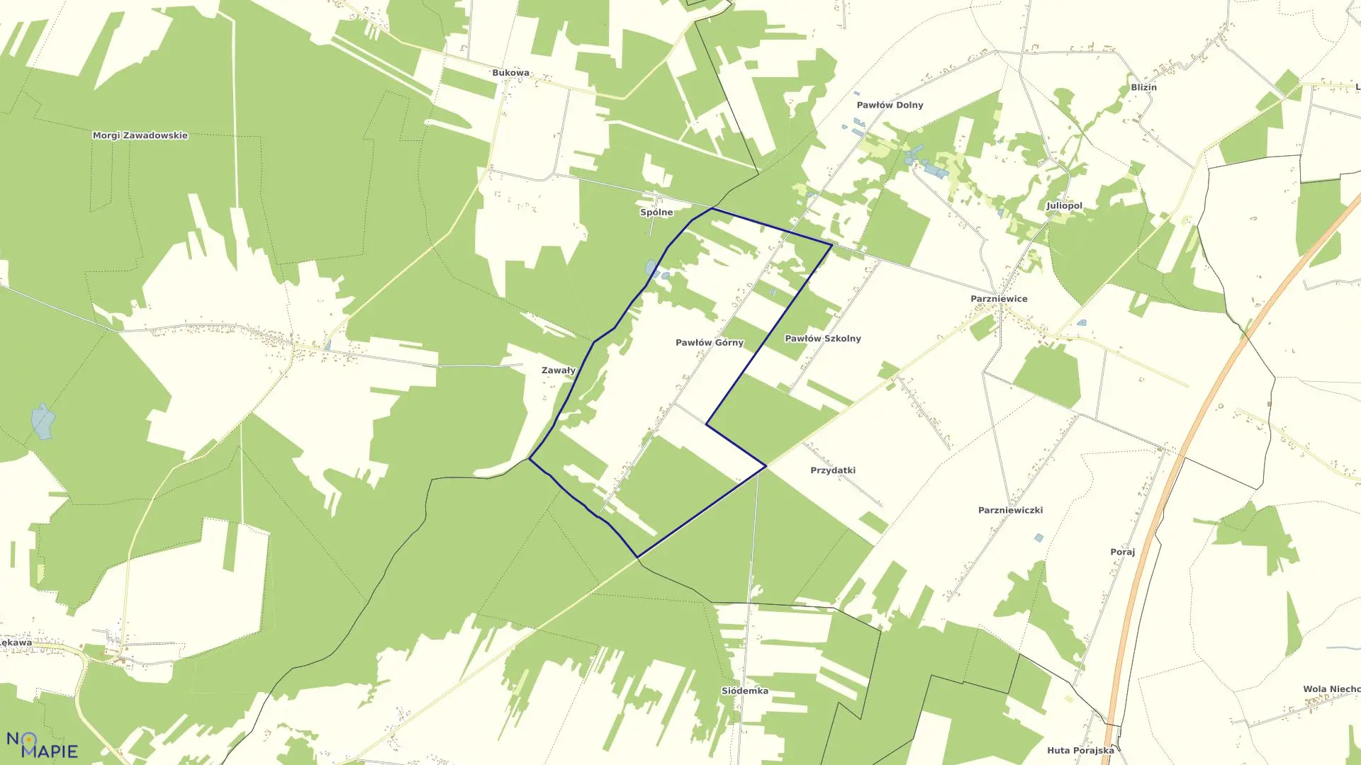 Mapa obrębu Pawłów Górny w gminie Wola Krzysztoporska