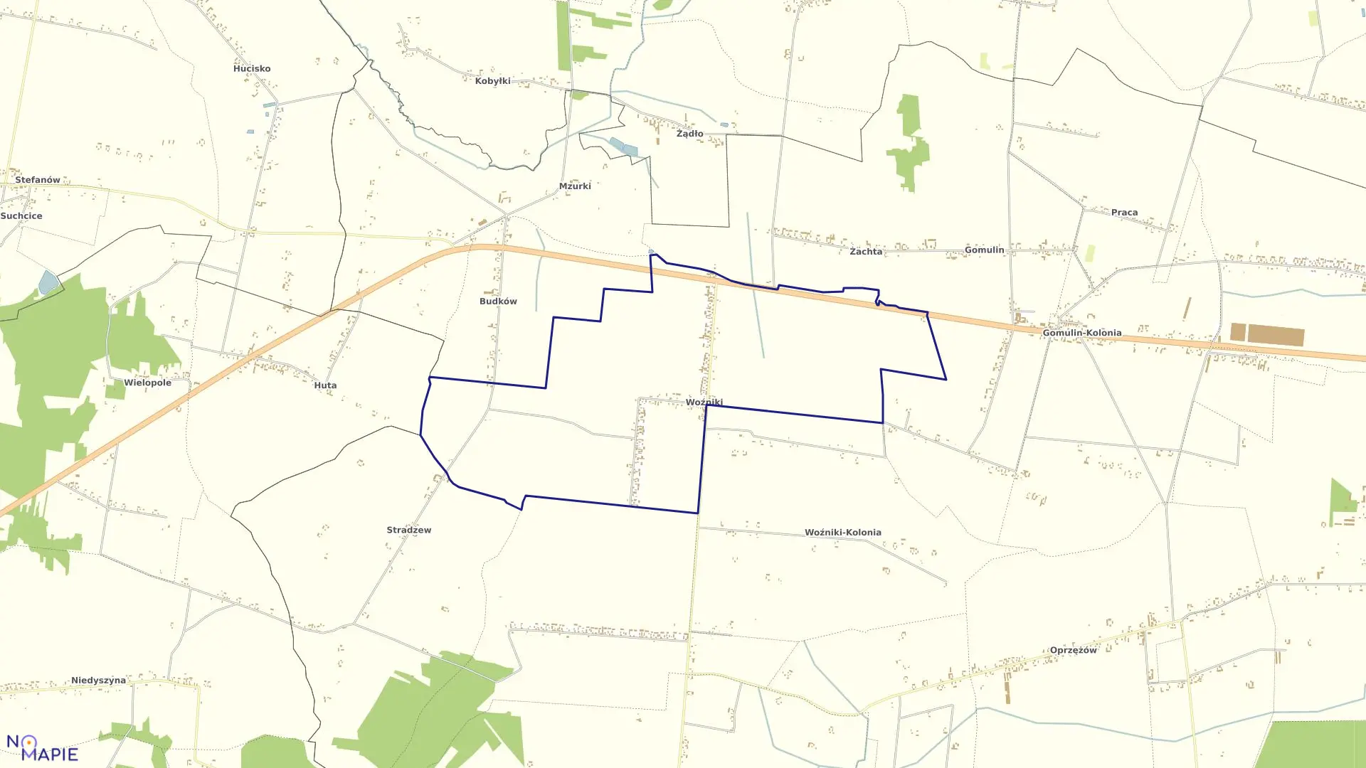 Mapa obrębu Woźniki w gminie Wola Krzysztoporska